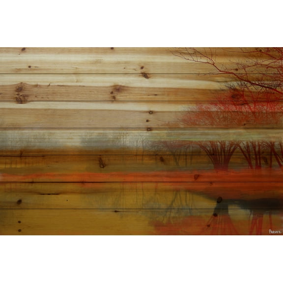 Parvez Taj Pt-Bcna-09-Bdw-36 24" X 36" "Lake Morning Mist" Art Print On Natural Pine Wood