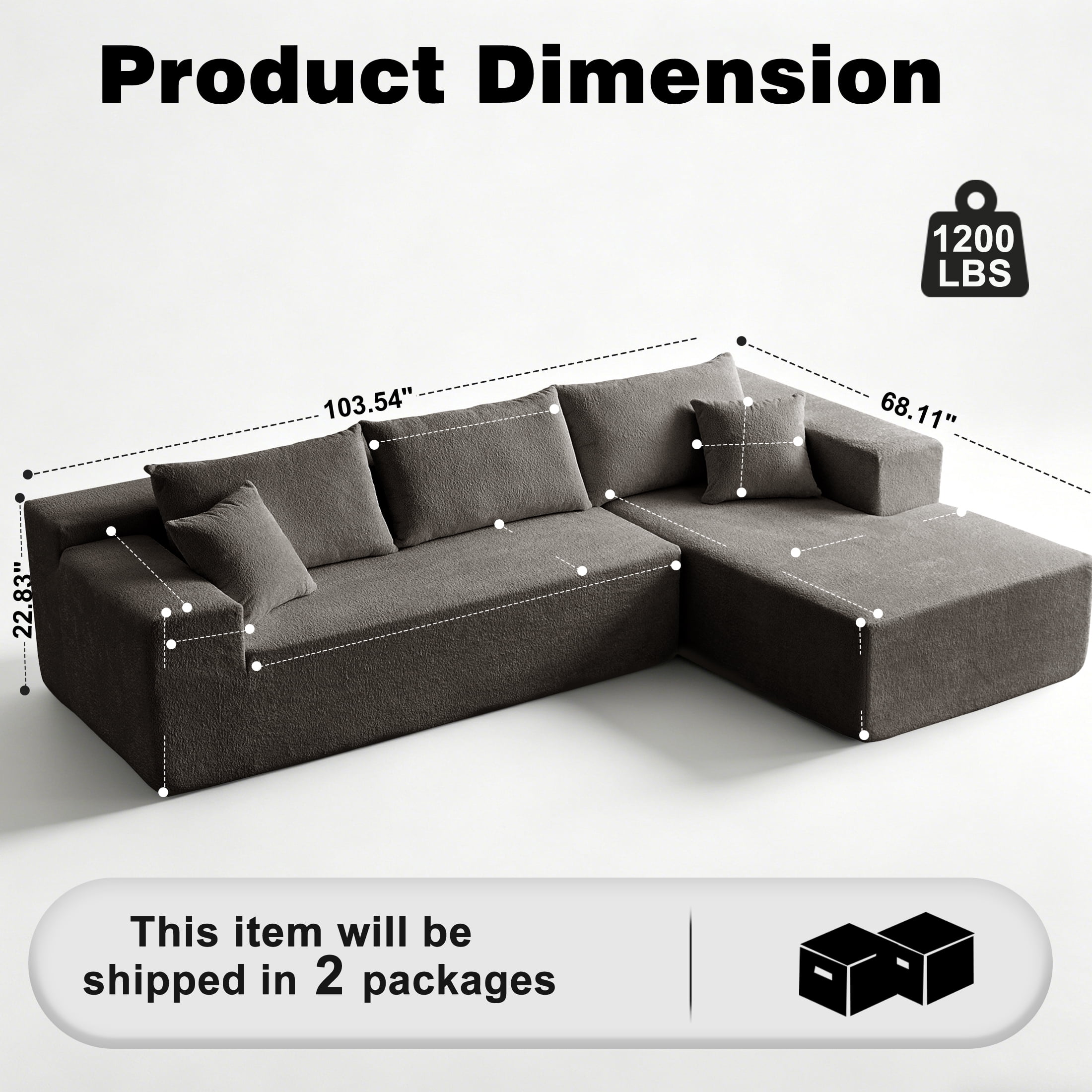 Xiweot 103" Boneless Sectional Sofa for Living Room, Memory Foam Cloud Modular Sectional Couch with Deep Seat, No Assembly Velvet L Shaped Sofa with Right Facing Chaise, Dark Gary