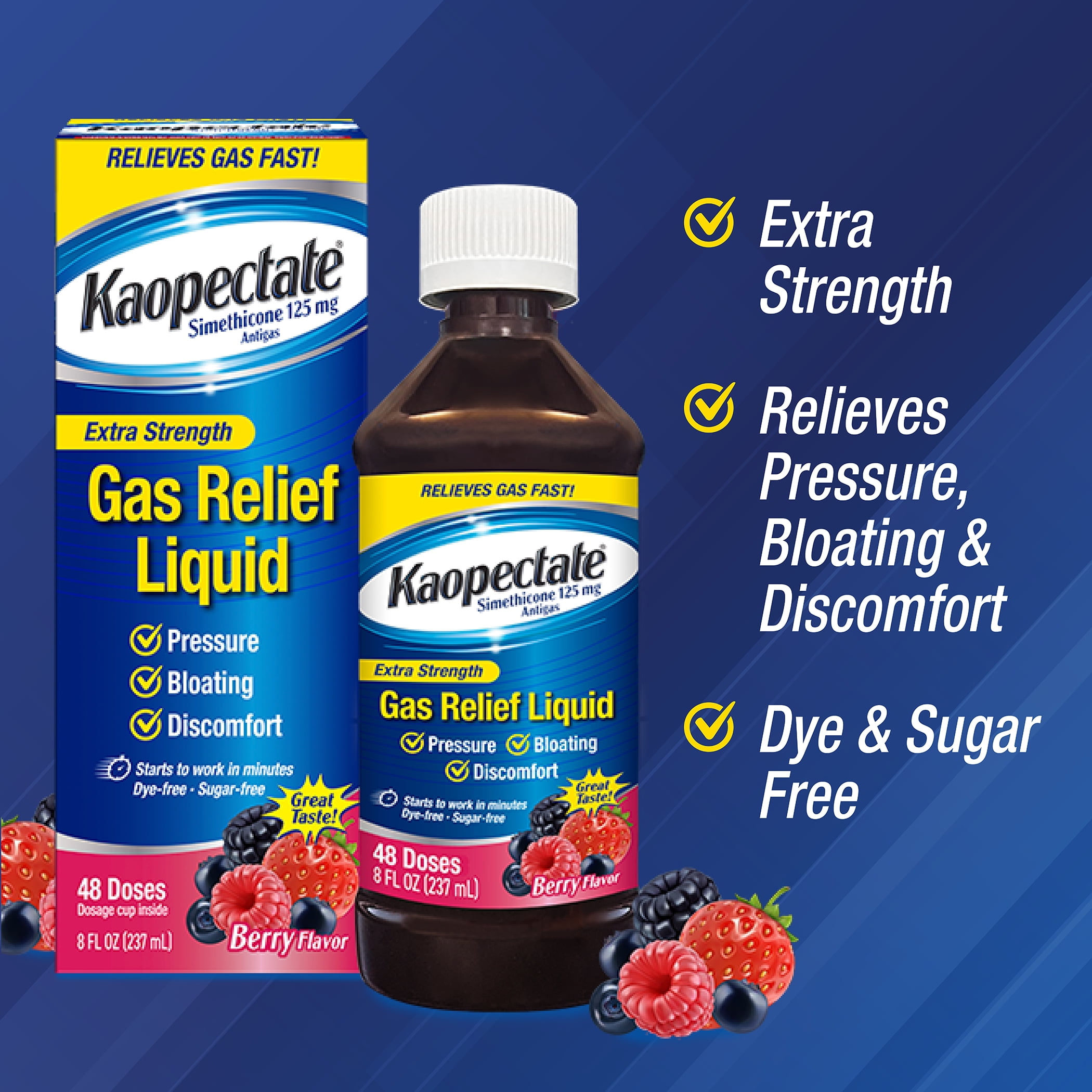 Kaopectate Extra Strength Gas and Indigestion Relief Liquid, Mixed Berry, Simethicone 125 mg, 8 oz