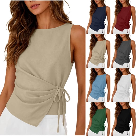Miluxas Womens Sleeveless Tank Tops Crewneck Tie Waist Ruched Y2K Style Shirts Casual Fitted Blouse for Daily Summer Beach Vacaction Outfits White