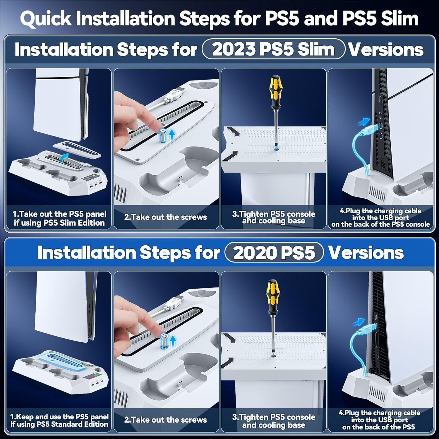 PS5 Cooling Stand with Turbo Fan - 2 USB Ports, Headset Holder & Remote Slot - Fits PS5 Slim/Disc/Digital (2023/2020) - 3-Speed Cooling Docking Station