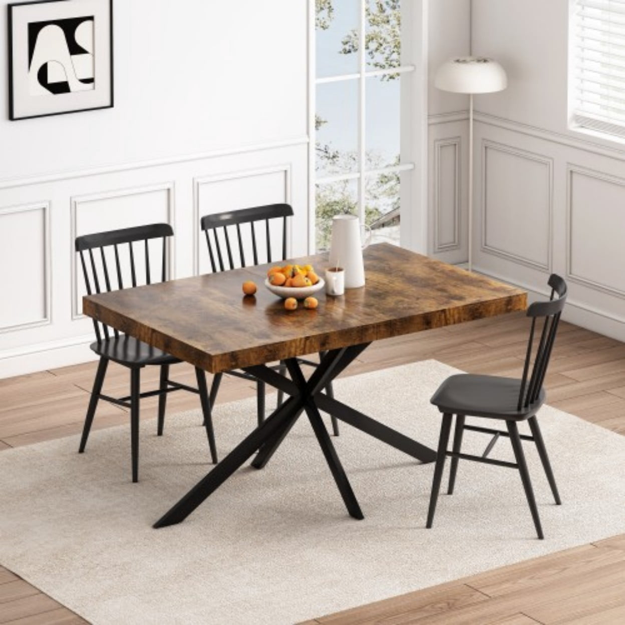 55.11"-70.86" Extendable Dining Table for 4-6, Retro Rectangular Kitchen Table with Storage Box, Antique Wood Top, Farmhouse Dining Table for Dining Room & Living Room, Black Brown