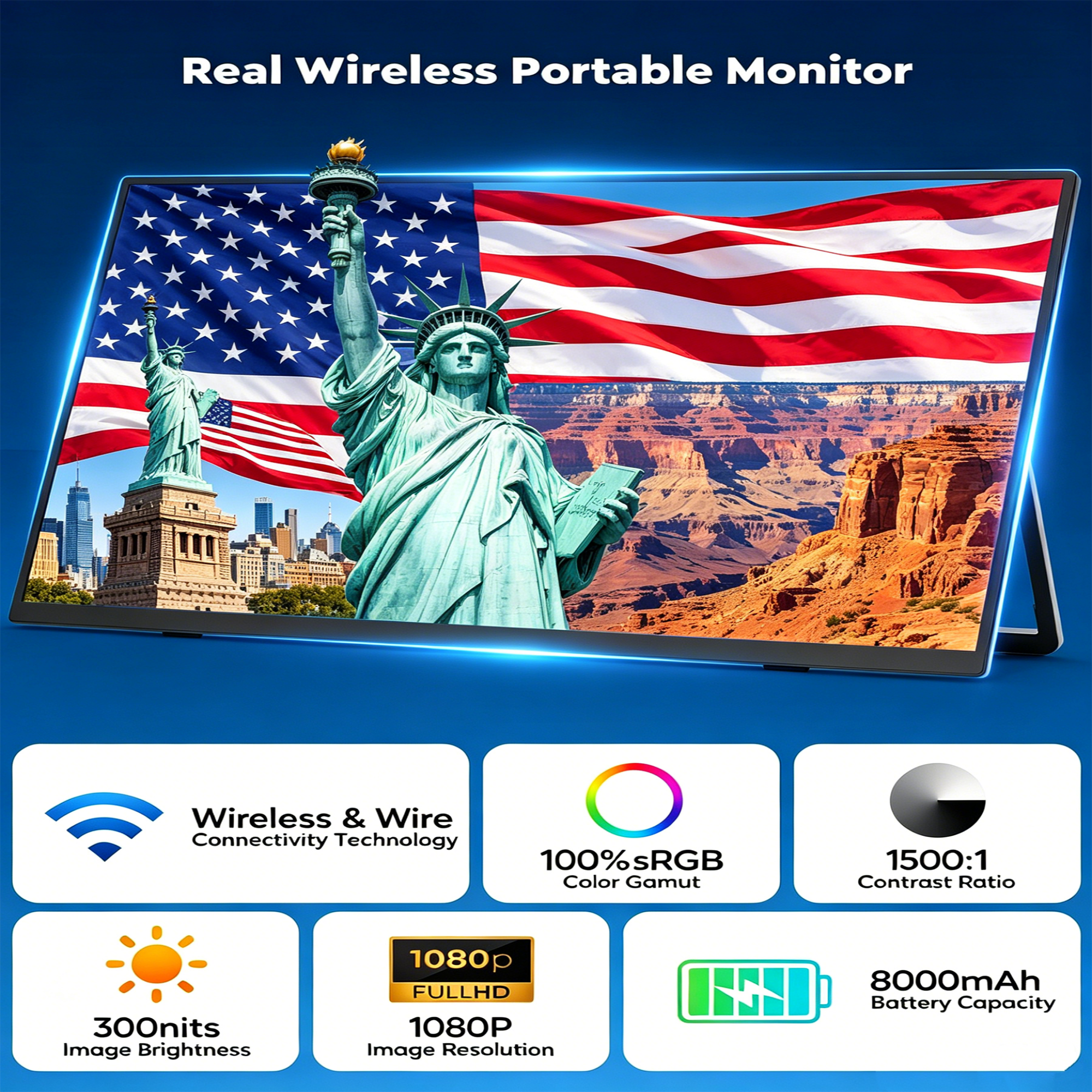 KEEPTIME 8000 mAh Wireless Portable Monitor, 15.6" 1080P IPS Laptop Screen, Second Computer Gaming Display with Speakers, Travel Monitor for Windows/Mac/Android/iOS/Gaming Console