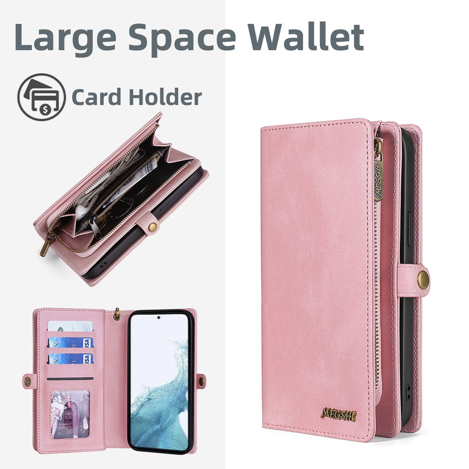 for Samsung Galaxy S25 Plus Case for Women Men, Removable Durable PU Leather Magnetic Flip Strap Wristlet Zipper Purse Card Holder Detachable Wallet Phone Cases for Samsung Galaxy S25 Plus, Pink