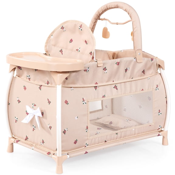 Bayer Design: Doll Multi-Bed - Beige & Flowers - Sleep Playpen, Built-In Feeding Highchair, Pillow-Blanket-Mobile, Care Center Fits 18" Dolls, Kids 3