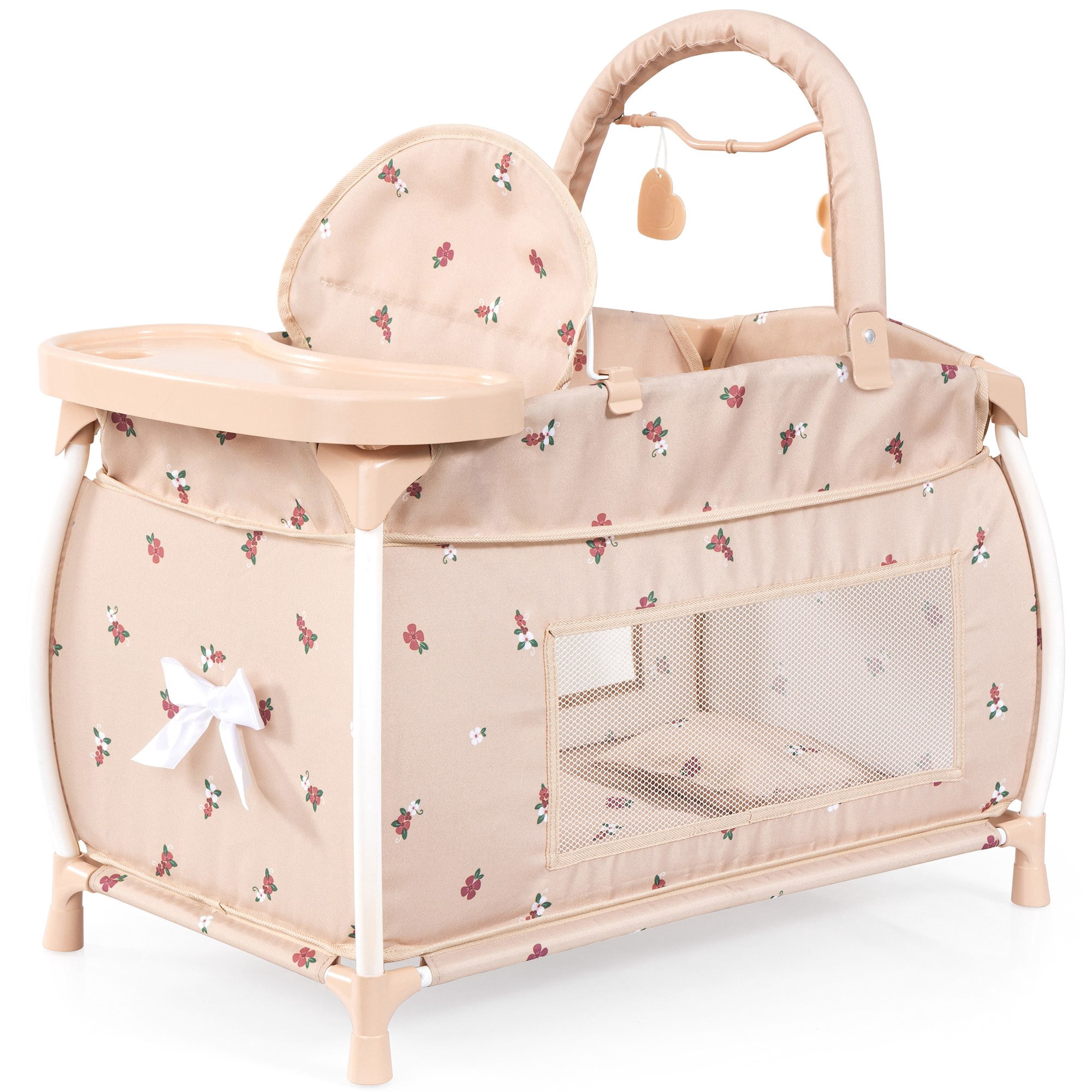 Bayer Design: Doll Multi-Bed - Beige & Flowers - Sleep Playpen, Built-In Feeding Highchair, Pillow-Blanket-Mobile, Care Center Fits 18" Dolls, Kids 3+