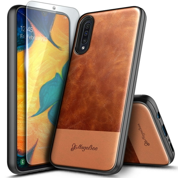 Nagebee Case for Samsung Galaxy A50 / A30S with Tempered Glass Screen Protector, Premium Cowhide Leather Hybrid Defender Shockproof Durable Phone Cover