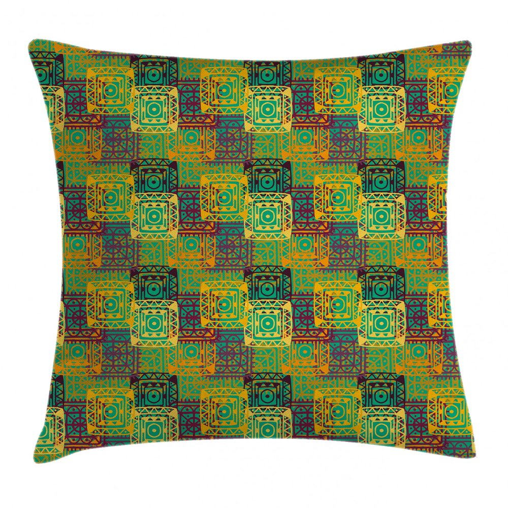 Ethnic Throw Pillow Cushion Cover, Aztec Pattern with Geometric Colorful Trippy Forms Tribal