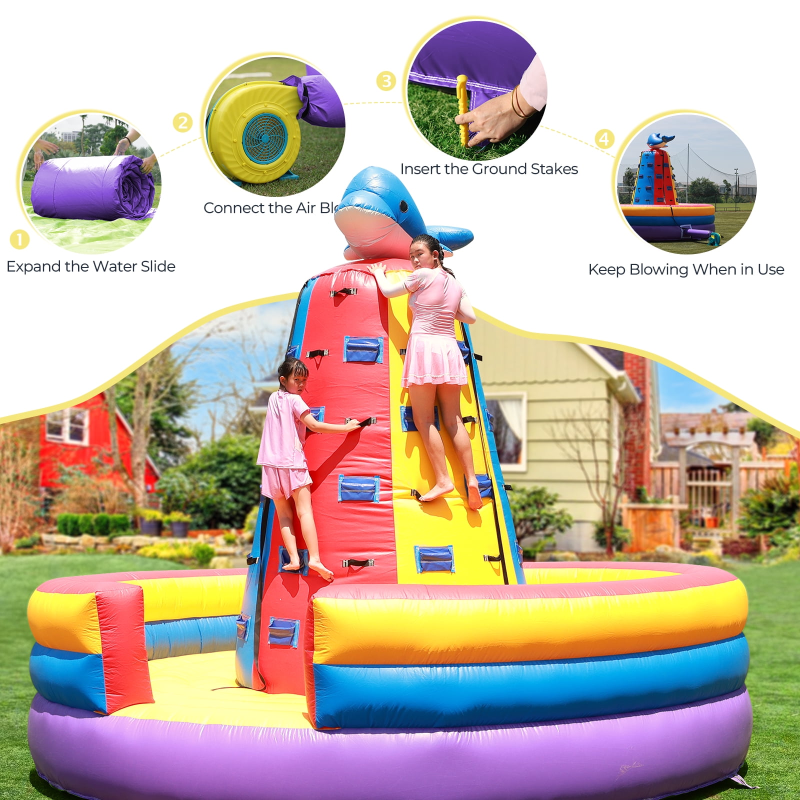 Relunch 14.8X11.8FT Inflatable Dolphin Rock Climbing Wall Tower for Kids with 1100W Blower – Commercial PVC Outdoor Adventure Game with Safety Ropes & Harnesses
