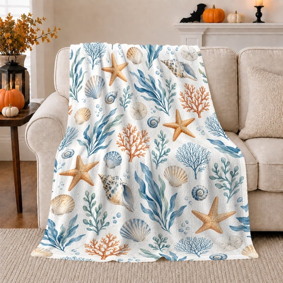 Coastal Starfish Seashell Ocean, Cozy Friendship Quote Scene, Warm Flannel Blanket for Living Room and Reading Nook, Art Lovers Thanksgiving Gift, Artistic Home Decor