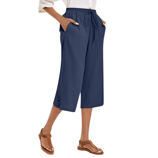 Pantalones Elásticos de Cintura para las Mujeres Pantalones de Cordón de Estilo de Lino, Pantalones Casuales de Color Sólido con Bolsillos para el Verano
