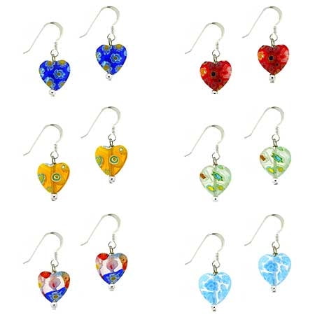 Sterling Silver Multi Color Murano Glass Heart Dangle Earrings Set