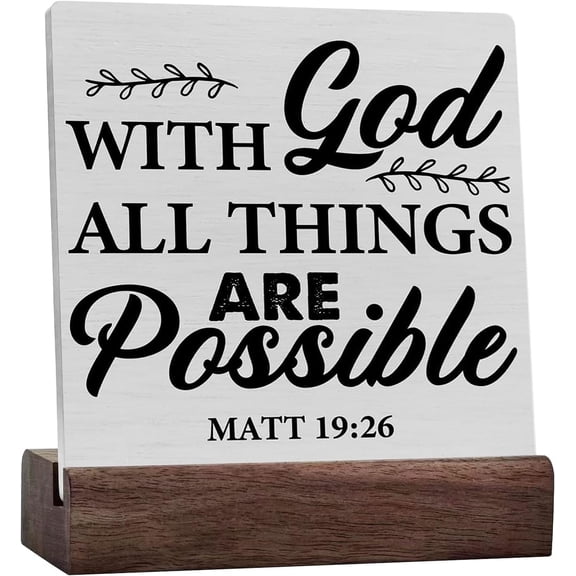 Inspirational Bible Verse Ceramic Table Sign Christian Desk Decor, Rustic Matthew 19:26 Scriptures Wood Sign Home Office Religious Tabletop Shelf Desk Decoration