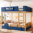 thumbnail image 3 of Queen Bunk Bed with Trundle , Wood Bunk Bed Frame with Built-in Bookshelf and High-quality Safety Guardrail,Automobile Form Design  ,Blue＆Natural, 3 of 18