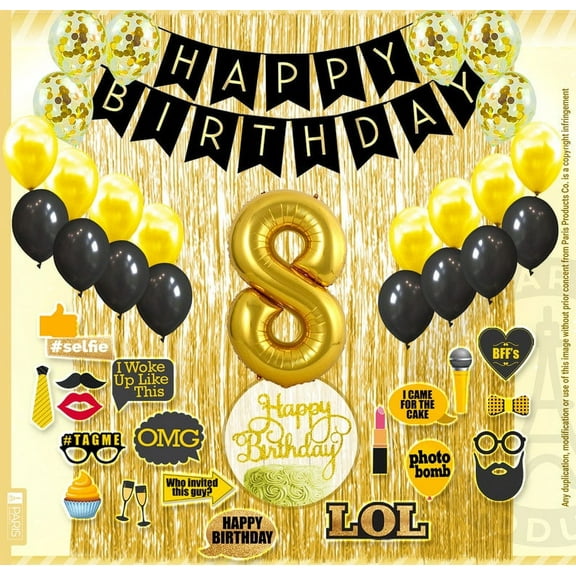 8th Birthday Decoration Black and Gold for Boy & Girl, 8th Cake Topper, 8th Party Supplies for Her and Him, 8th Birthday Photo Props