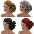 thumbnail image 4 of Pnellth Faux Pearl Decor Big Flower Women Elastic Hat Soft Head Wrap Cap Gifts Wine Red, 4 of 8