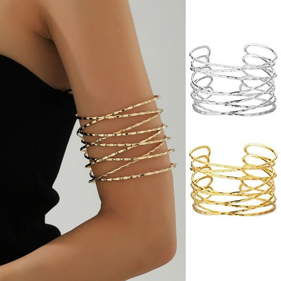 Eosunjian Women Arm Ring Open Adjustable Multi Layers Hollow Out Solid Color Polished Electroplated Stainless Lightweight Punk Hip Hop Cool Girl Arm Cuff Jewelry Silver
