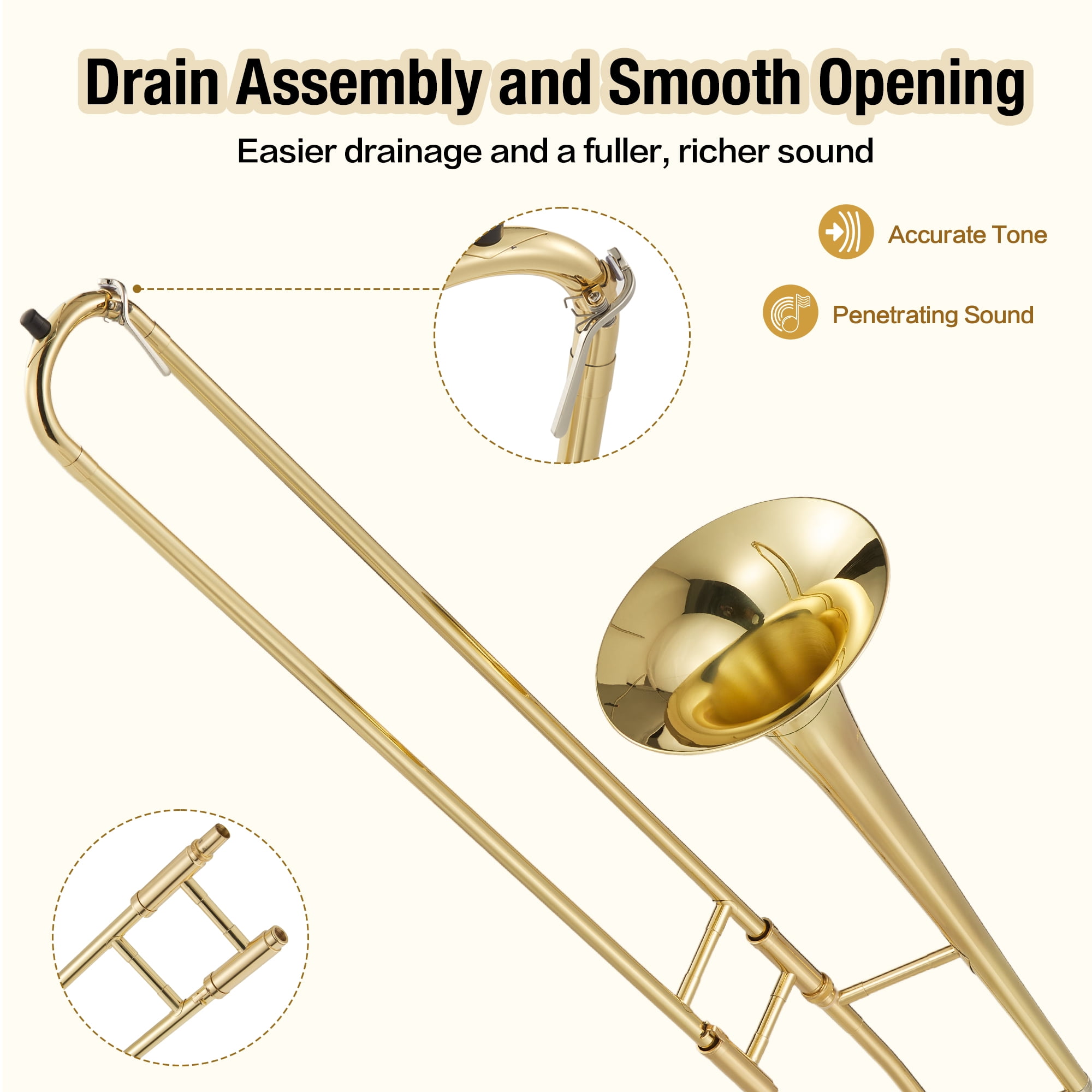 Eastar Bb Tenor Slide Trombone for Beginners Students, B Flat Brass Plated Trombone Instrument with  Hard Case, Mouthpiece, Gloves & Cleaning Kit for School Band & Practice