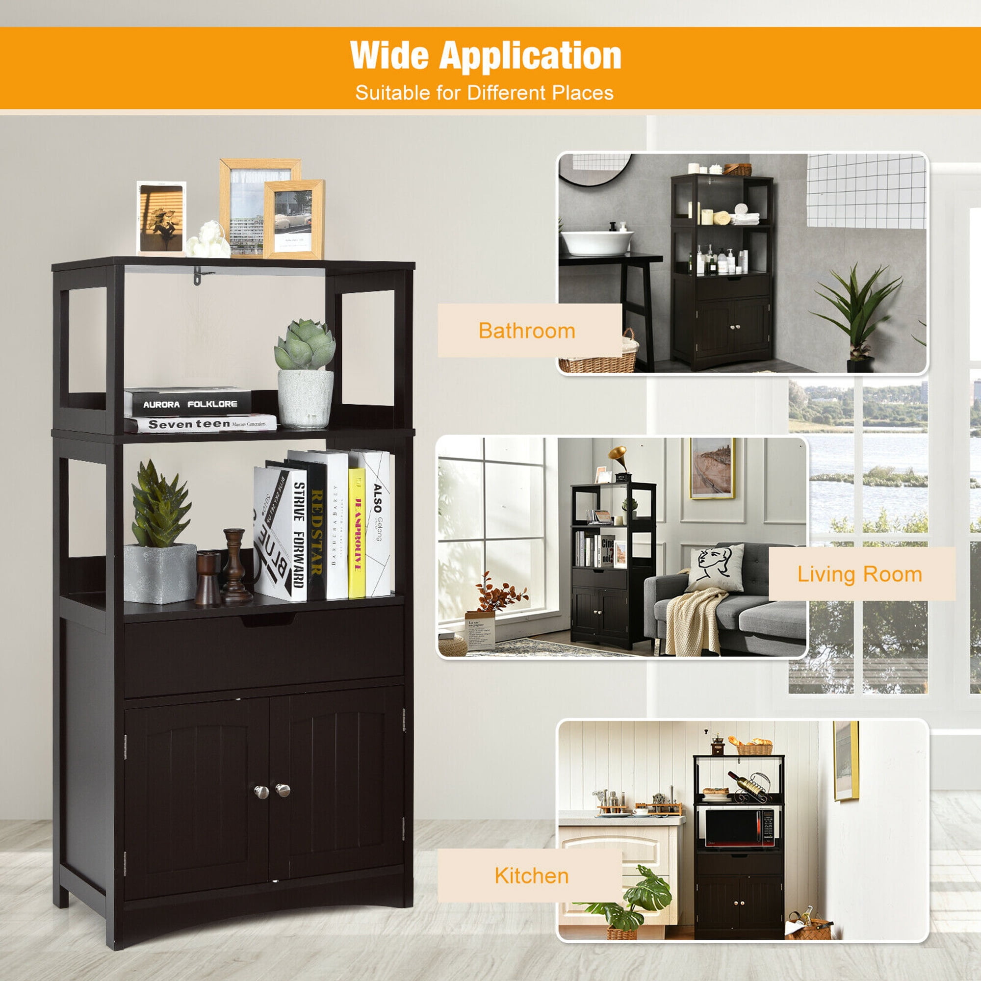 Gymax Bathroom Storage Cabinet Shelf Cupboard Floor Cabinet w/Drawer Espresso