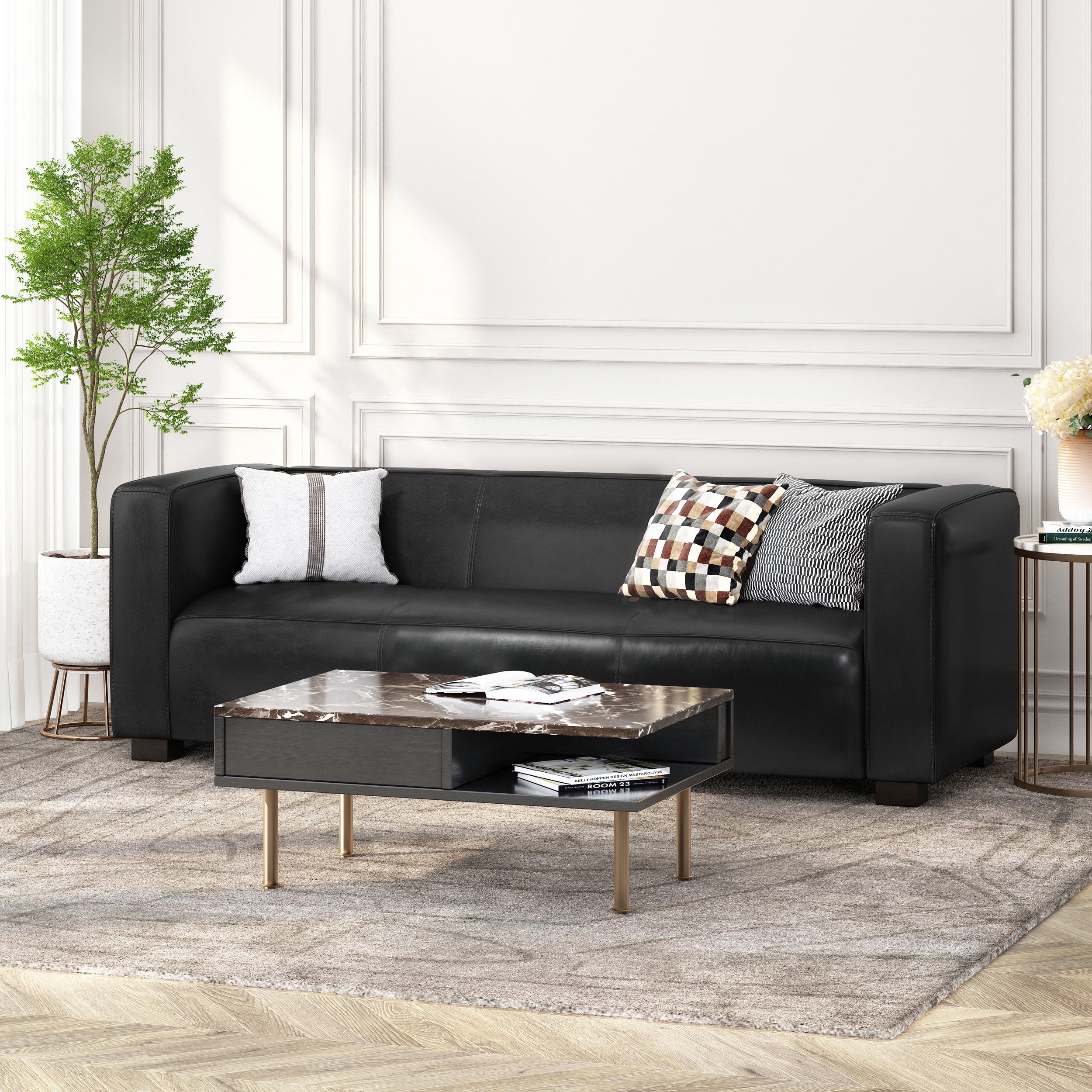 Noble House Denison Faux Leather 3 Seater Sofa, Midnight Black and Dark Walnut