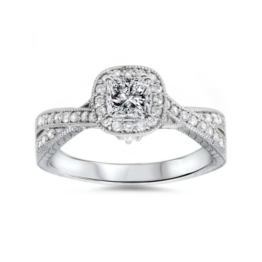 Pompeii3 - 3/4ct Princess Cut Vintage Diamond Engagement Ring 14K White ...
