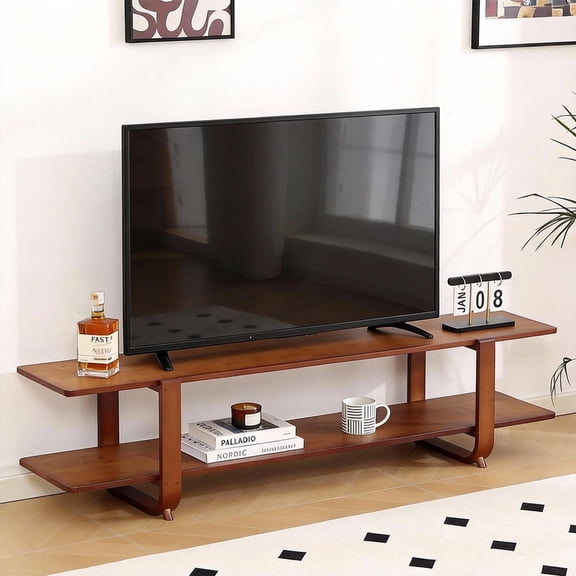 DreamNook Bamboo TV Stand for 65 inch TV, Entertainment Center for Living Room, TV Media Console Cabinet, 2 Open Shelves, Walnut Color