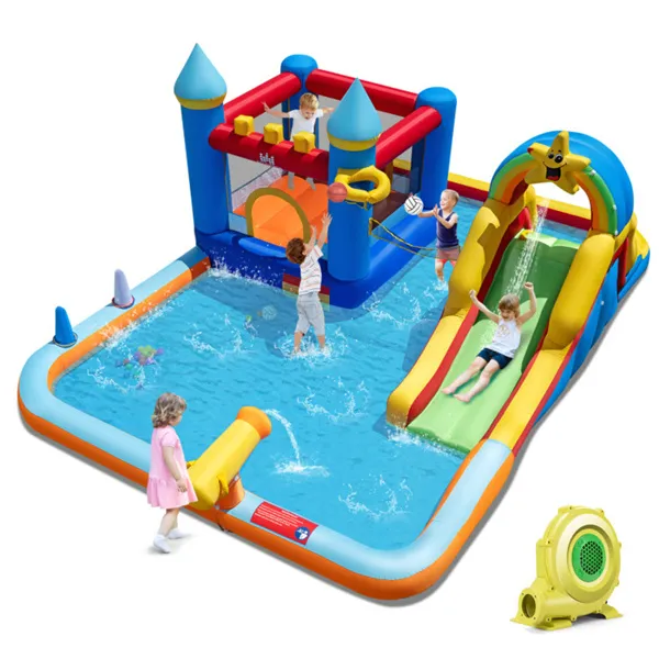 Inflatable Water Slide Bounce House, Multi-Sport Games with Splash Pool & Blower (Colorful)