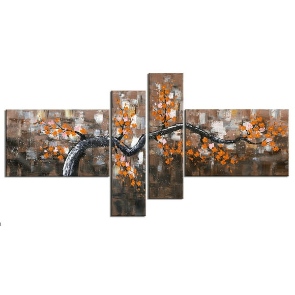 Design Art- Orange Oversized Floral Canvas Art Print - 63 X 33 - 4 Panels