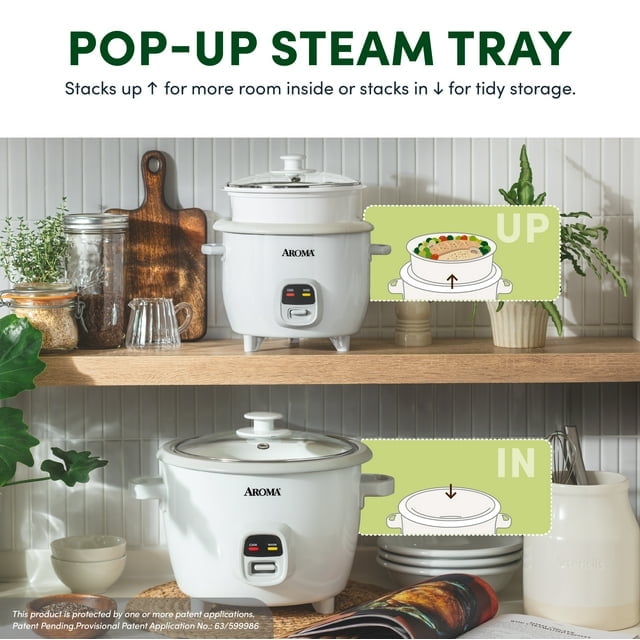 Restored AROMA® 6-Cup Rice Cooker & Food Steamer with Bonded Granite® Nonstick Ceramic & Pop-Up Steam Tray - White (Refurbished)