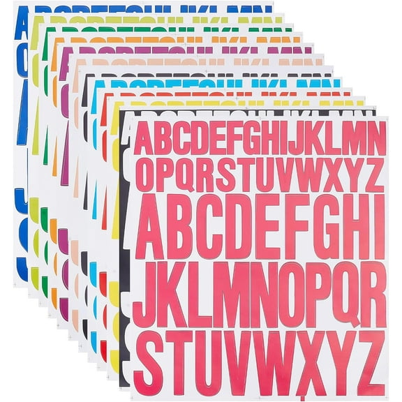 12 Sheets 12 Colors PVC Alphabet Decorative Stickers Self-Adhesive Waterproof Decals with Capital Letter A~Z Mixed Color 221x196x0.1mm Letter: 24~49x3.5~34mm 1 sheet/color