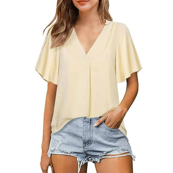 DondPO Tshirts Shirts for Women Short Sleeve Shirts Spring And Summer Stylish Elegant V Collar Tops Pleated Sleeve Blouse For Women Womens Tops Business Casual Tops Beige L