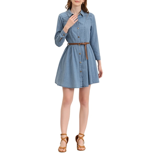 Vestido de camisa de mezclilla de manga larga para mujer, por encima de la rodilla, con cinturón, XS, gris claro azul