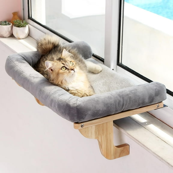 CozyNestFinds Cat Perch for Window Sill with Bolster- Orthopedic Hammock Design with Premium Hardwood& Robust Metal Frame -Cat Window Seat for Large Cats and Kittens -Natural Color Wood with Gray Bed