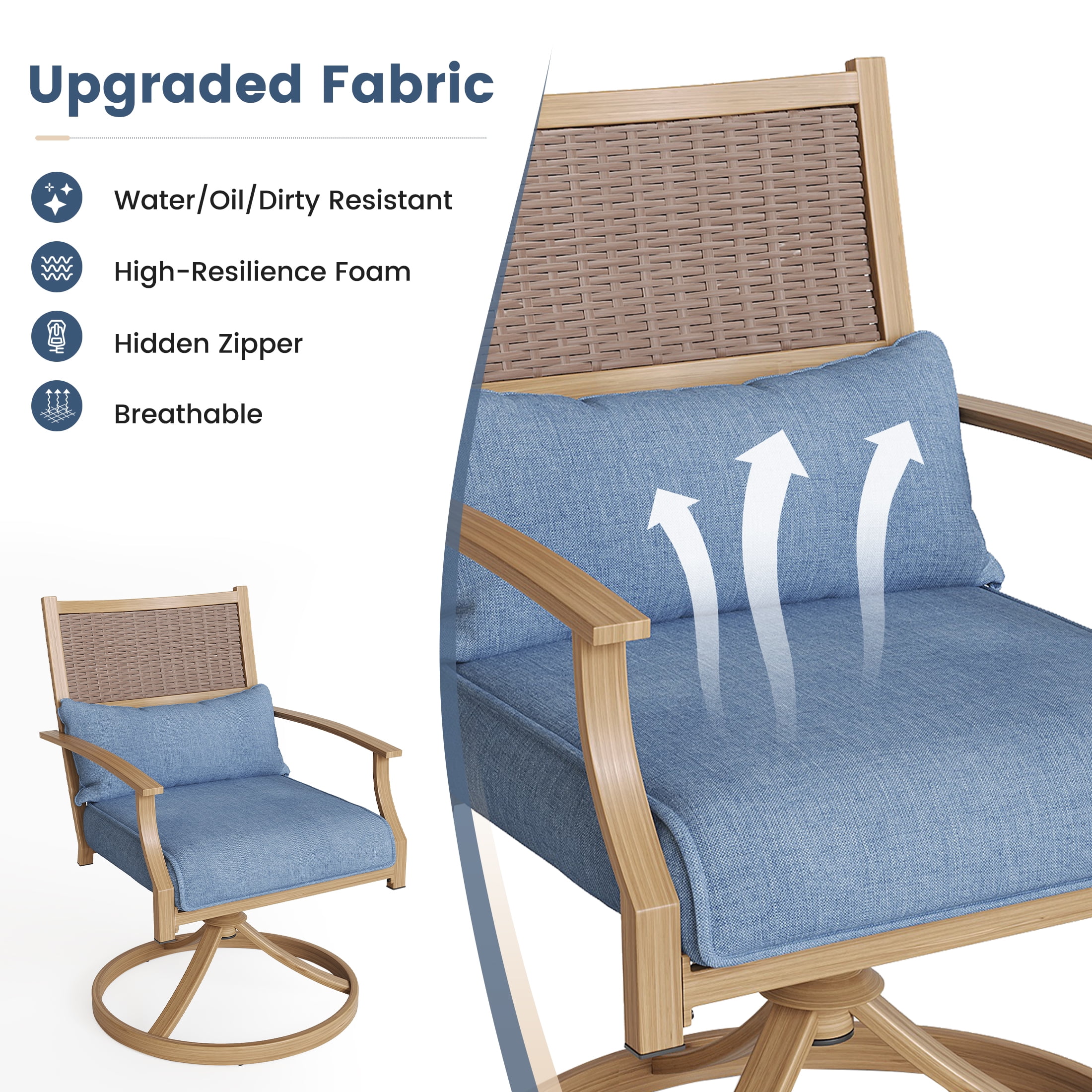 Poteban Patio Swivel Chairs Set of 2, Outdoor Dining Chairs with Deep Seat Cushion, All Weather Swivel Rocker Chairs with Hand-Painted Metal Frame, for Backyard Deck Lawn (Blue)