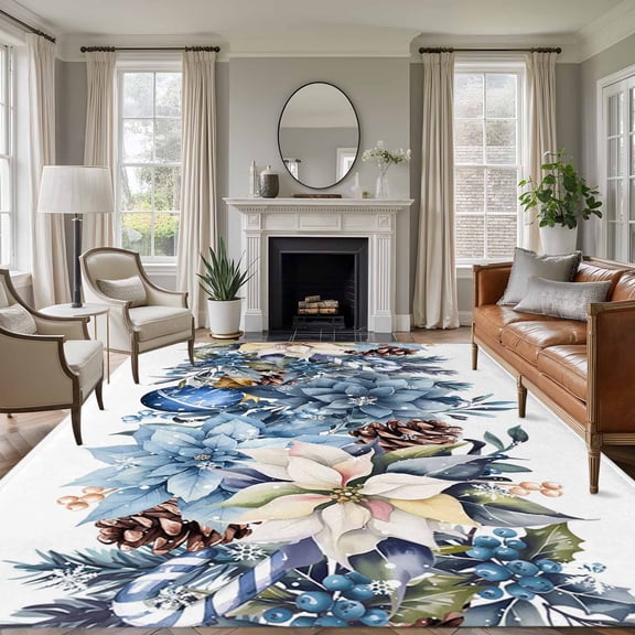 5'x7' Area Rugs for Living Room Bedroom, Blue Christmas Poinsettia Washable Rug Carpet Runner Indoor Outdoor, Xmas Botanical Balls Snowflake Non Slip Floor Mats Area Rug for Kitchen, Nursery