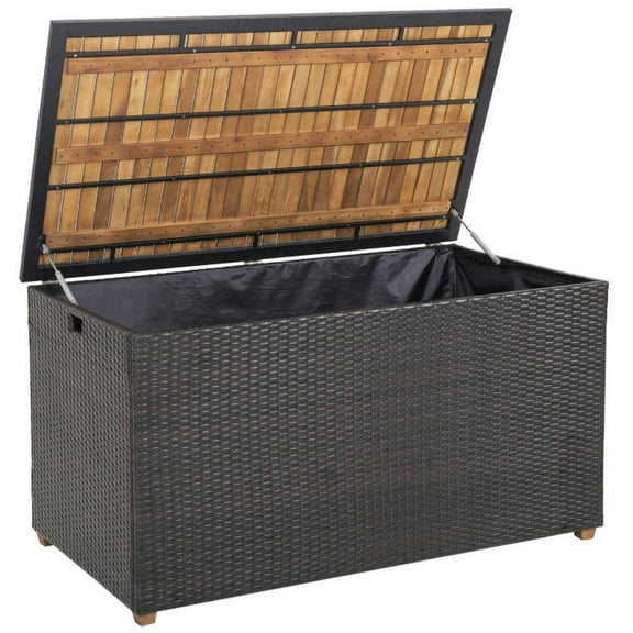 Spaco 134 Gallon Rattan Storage Box with Zippered Liner and Solid Acacia Wood Top, 2-in-1 Multifunctional Storage Box for Outdoor as Backyard, Garden, Patio, Lawn, Brown