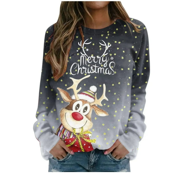 Camiseta suelta estampada a la moda para mujer, blusa de manga larga, cuello redondo, camisetas casuales, sudadera Pompotops FGAJ11827