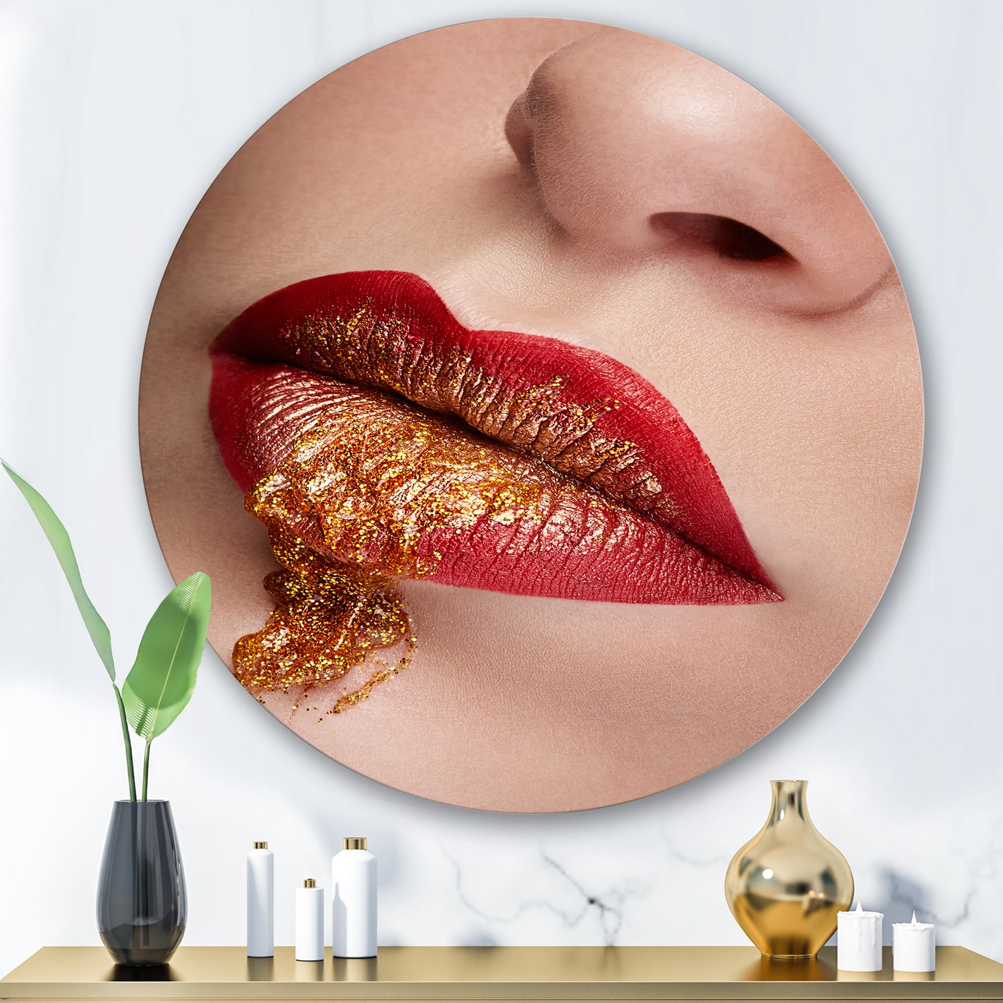 Designart 'Close Up Lips With Gold and Red Make Up' Modern Circle Metal Wall Art 36x36 - Disc of 36