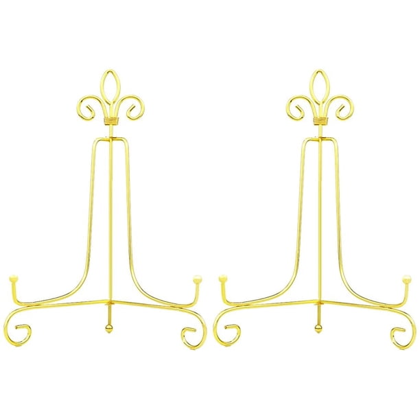Caballete dorado de 10 pulgadas, soporte para platos, soportes de exhibición decorativos para fotografías, marcos de fotos, platos decorativos, pinturas y piezas de arte. (Paquete de 2)