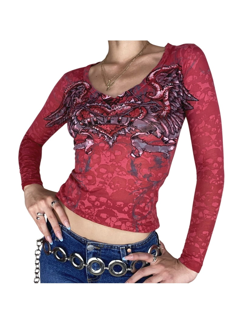 ICAN HAREM 切り替えレースロングカットソー　vintage y2k Women Retro Cross Graphic Ribbed Grunge Tops Y2K Round-Neck