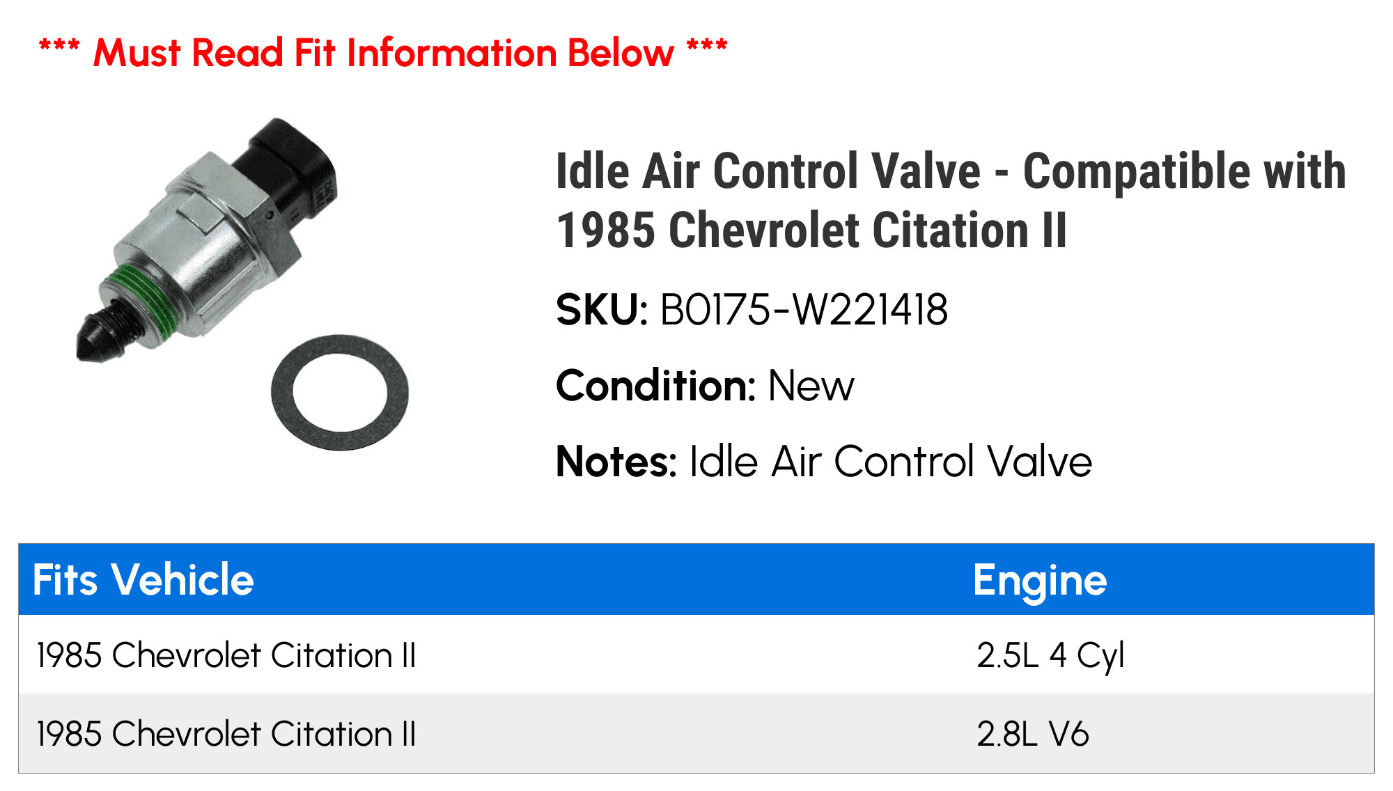 Idle Air Control Valve - Compatible with 1985 Chevy Citation II