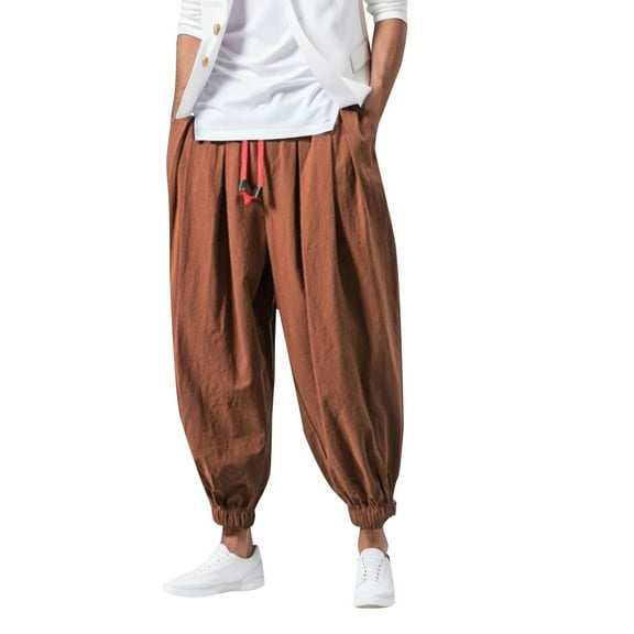 Krdevn Men's Casual Harem Pants Loose Fit Elastic Waist Wide Leg Solid Color Comfortable Trousers,Color: Coffee Size: L