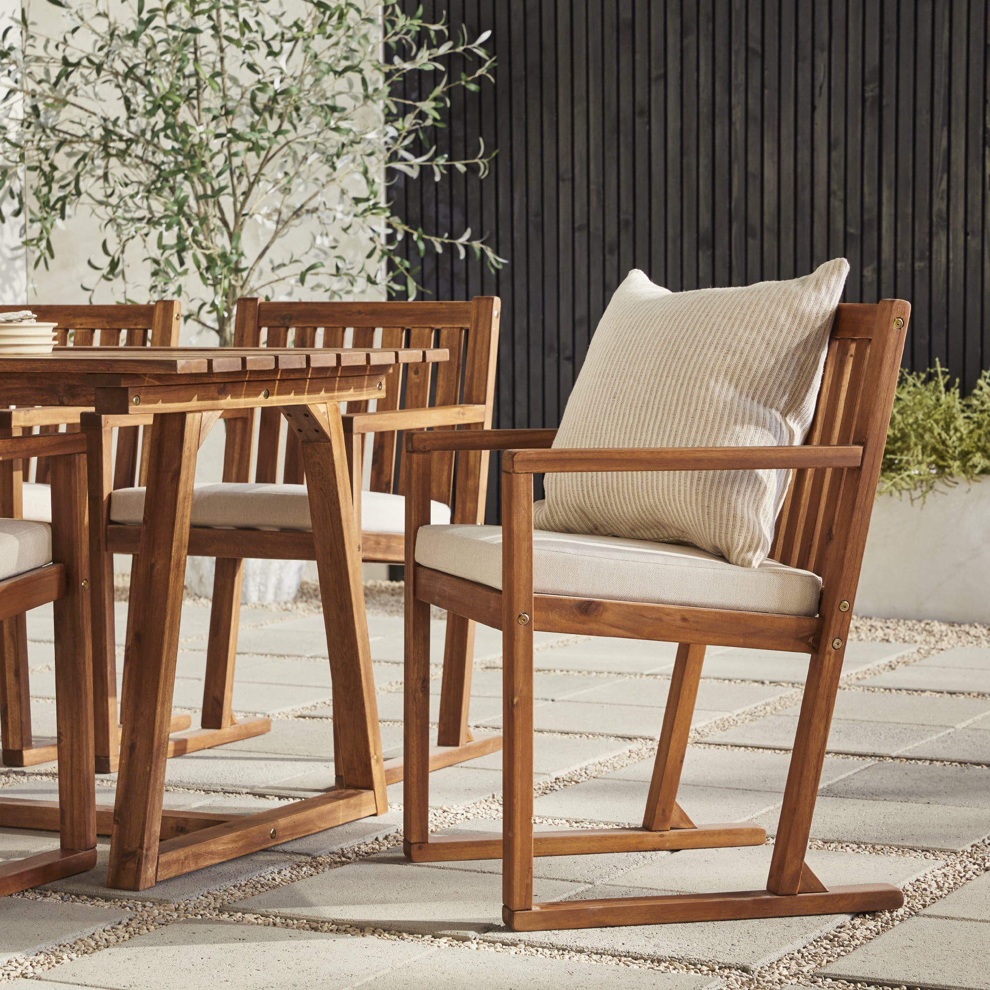 Walker Edison Modern 7-Piece Solid Wood Outdoor Dining Set, Brown