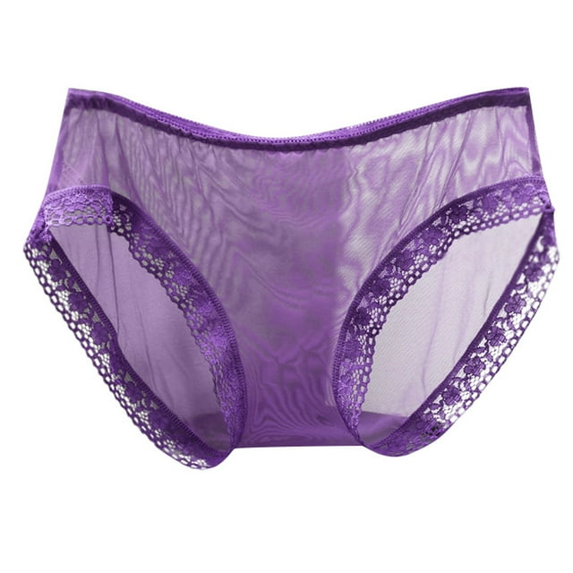 AWZXDE Ladies Underwear Panties Lace Edge Fully Transparent Mesh Low Waist Plus Size Thin Rear Lifting Triangle Purple,XL