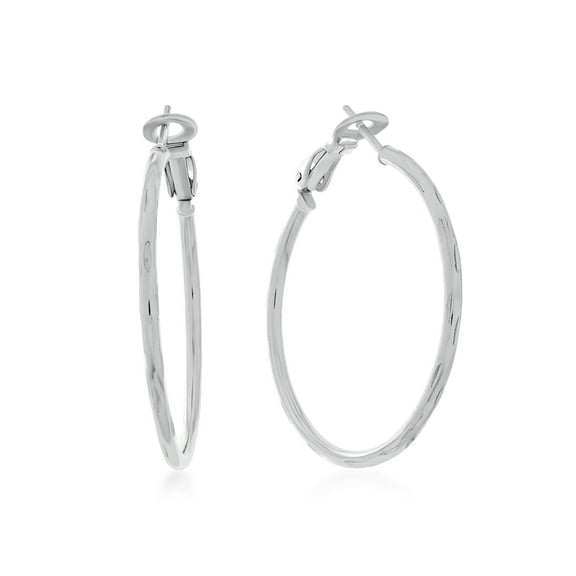 Sterling Silver 35x2mm Diamond Cut Clutch Hoop Earrings