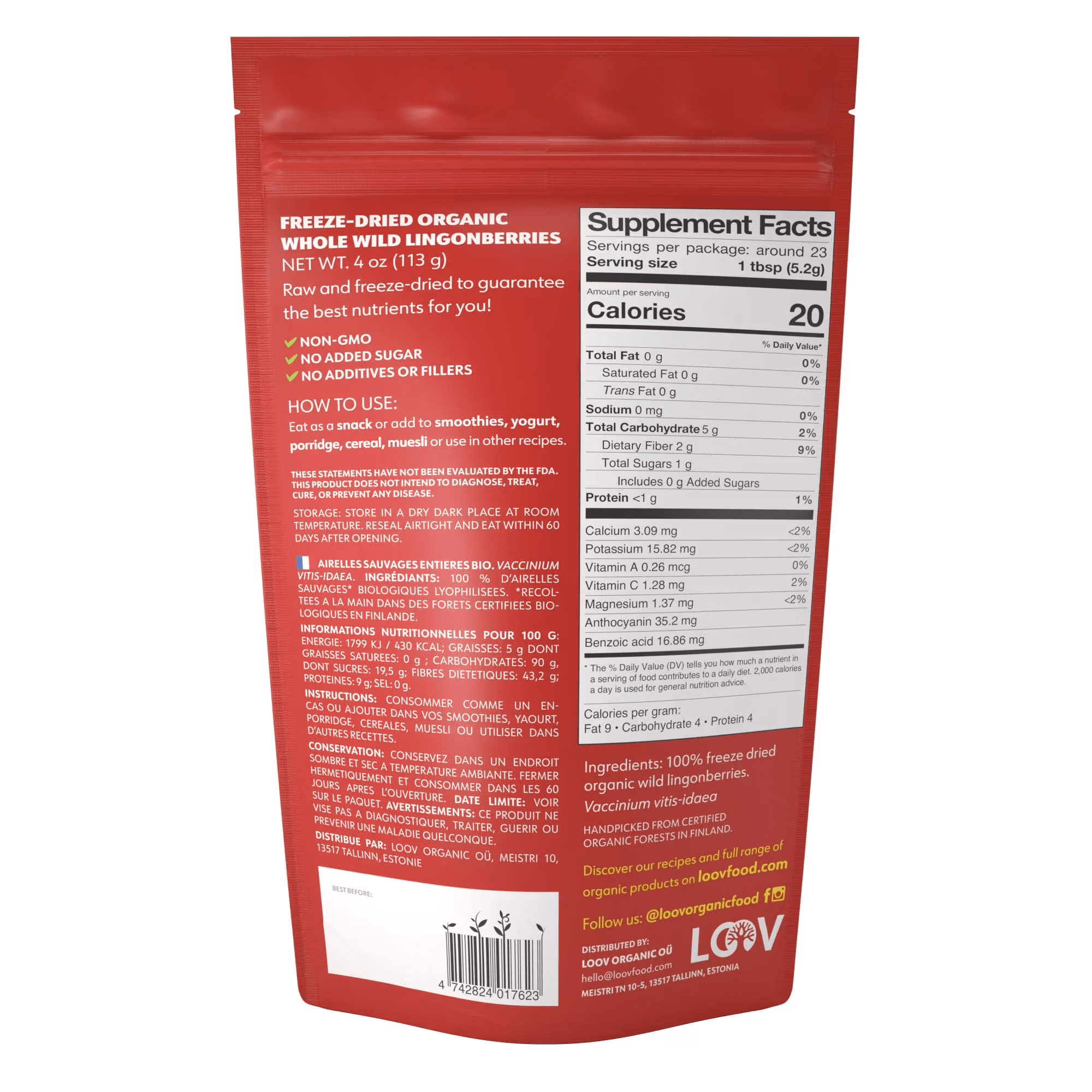 LOOV Freeze Dried Organic Wild Lingonberries, 23-Day Supply, No Sugar Added, Tart Berry Flavor