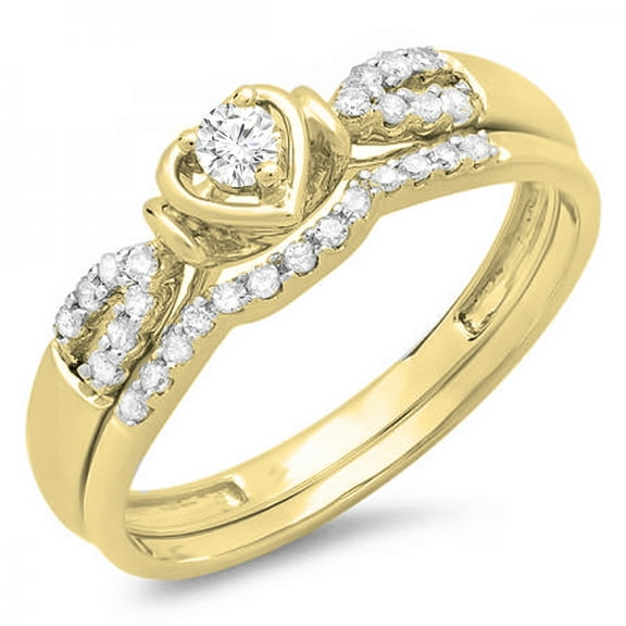 0.25 Carat (ctw) 14k Yellow Gold Round Diamond Ladies Heart Shaped Bridal Engagement Ring Matching Band Set 1/4 CT