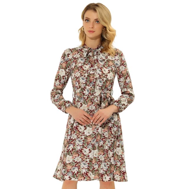 INSPIRE CHIC Robe Vintage à Fleurs pour Femme à Col Noué en Chiffon à Manches Longues avec Ceinture S Rouge Foncé