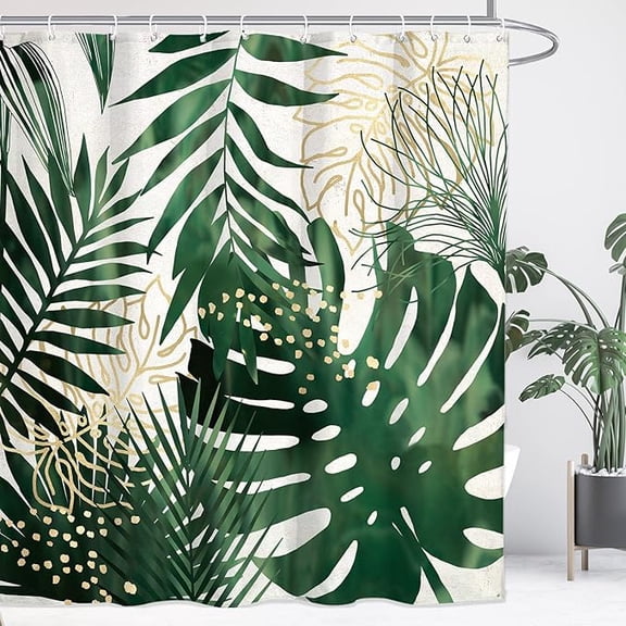Tropical Palm Leaves Bathroom Shower Curtain Monstera Emerald Green Gold Plant Botanical Abstract Polyester Fabric 12 Plastic Hooks Waterproof Decor 36"W x 72"L (Pack of 1)