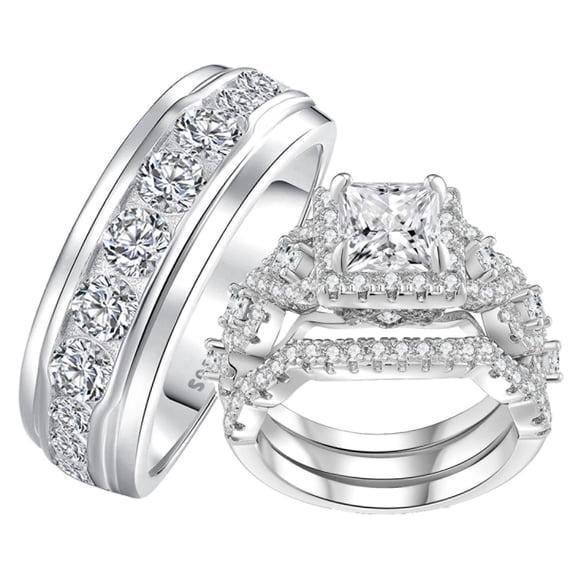 SFTING Wedding Rings Sets for Him and Her Couple Women Men Wedding Band Silver Plated Engagement Valentine Gift Size 9&7